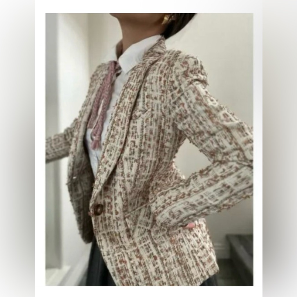 Veronica Beard Ivory And Tan Tweed Dickey Jacket Size 2